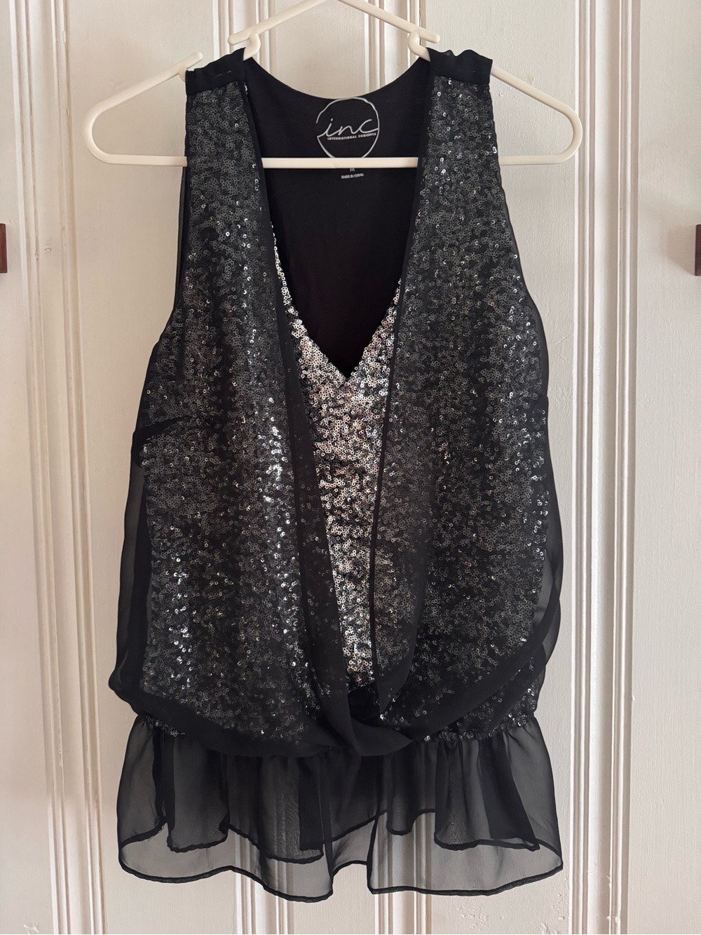 INC International Concepts Black Sequin & Silver Overlay Chiffon Tank